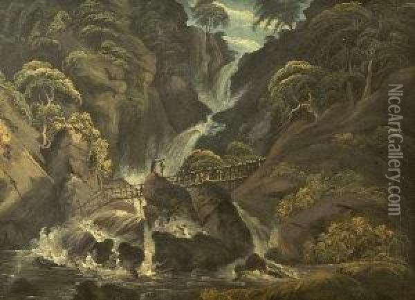 Figures Crossing A Bridge Below A Waterfall Oil Painting - Thomas Walmsley