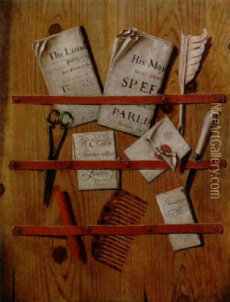 A Trompe L'oeil Of A Letter Rack With Papers, A Comb, Scissors And A Letter Knife Oil Painting - Edward Collier