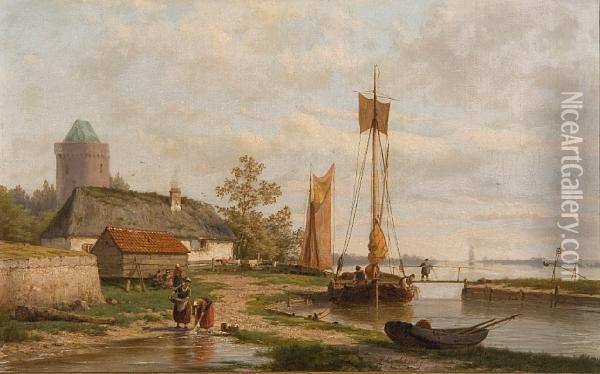 Dutch Quayside Scene With Washerwomen Andestuary Beyond Oil Painting - Hermanus Jr. Koekkoek