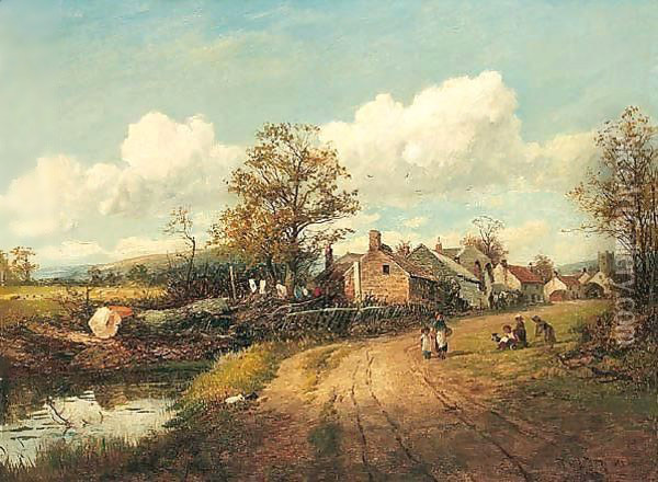 By The Village Pond Oil Painting - David Bates