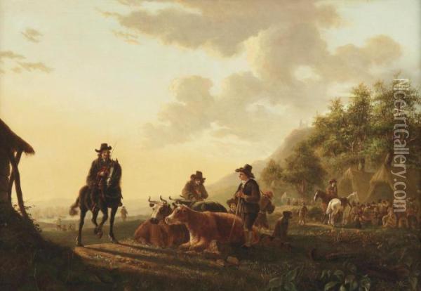 Herdsmen And Their Cattle By An Encampment Oil Painting - Jacob Van Stry