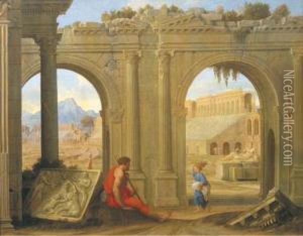 Figures Amongst Classical Architectural Ruins Oil Painting - Jean Lemaire