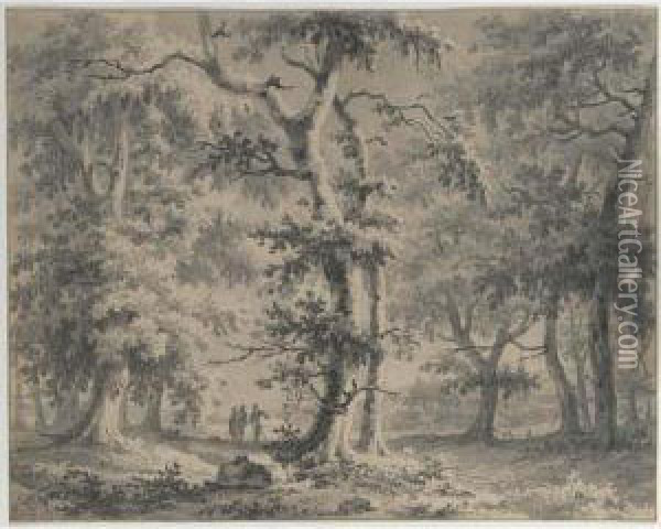 A Wooded Landscape With Travellers On A Path, A Church Beyond Oil Painting - Paulus Van Liender