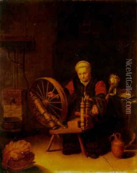 An Old Woman At A Spinning-wheel In An Interior Oil Painting - Abraham de Pape