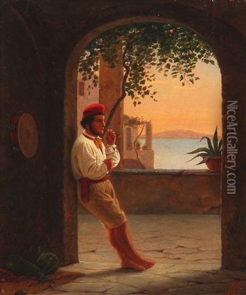En Neapolitansk Frugtsaelger I En Loggia Oil Painting - Julius Friedlaender