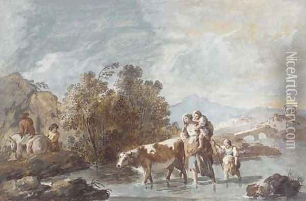 A family crossing a stream with a cow Oil Painting - Giuseppe Bernardino Bison