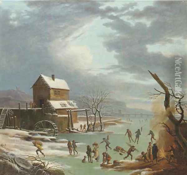 A winter landscape with skaters on a frozen canal, a house with a watermill nearby Oil Painting - Andries Vermeulen