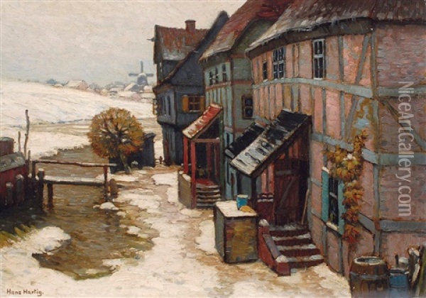 Hauser Im Winter Oil Painting - Hans Hartig