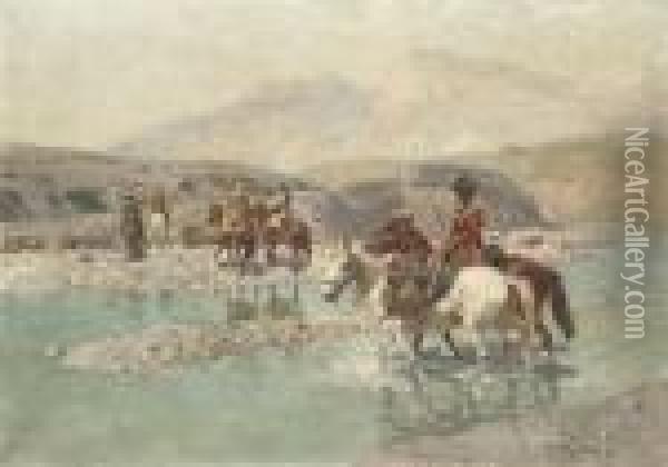Cossacks Crossing A River Oil Painting - Franz Roubaud