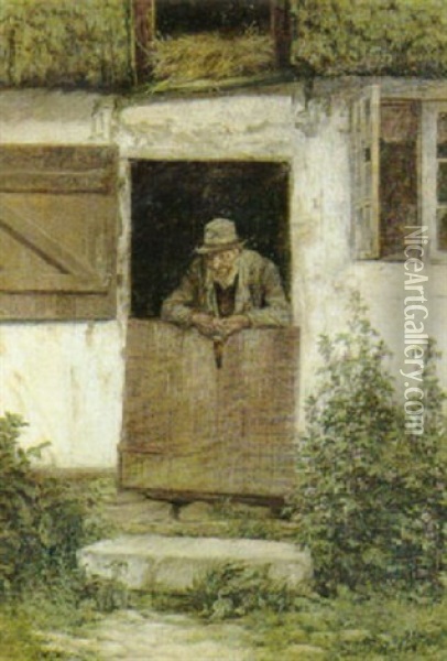 Gammel Piberygende Mand I En Stalddor Oil Painting - Cilius (Johannes Konrad) Andersen