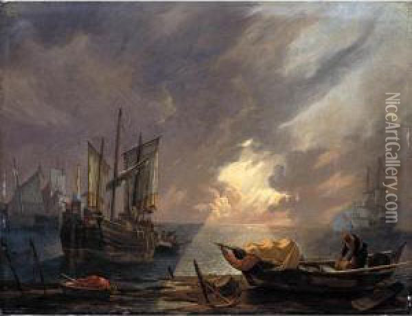 An Evening Coastal Scene With 
Sailors Unloading Their Cargo, A Man-o-war Firing A Salute In The 
Distance Oil Painting - Lieve Verschuier