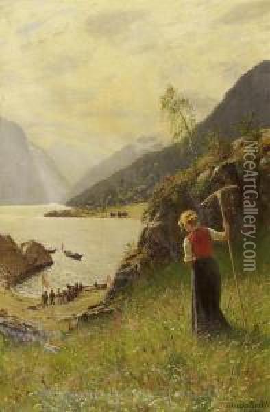 Wedding Procession Along The Riverside Of The Fjords Oil Painting - Hans Dahl