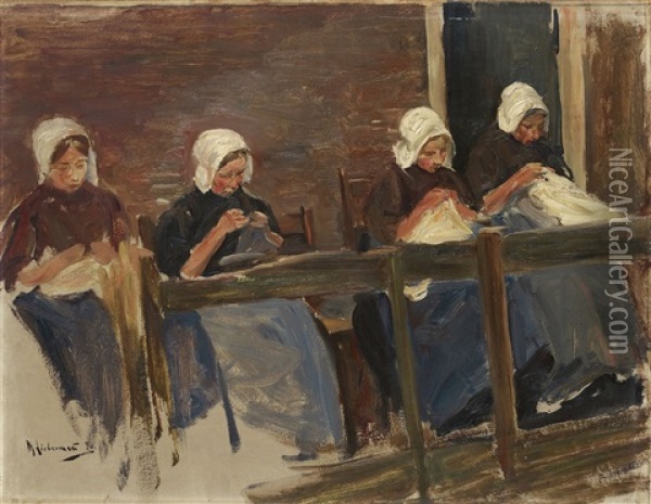 Nahende Madchen In Huyzen - Studie Mit Vier Figuren (hollandische Naherinnen) Oil Painting - Max Liebermann