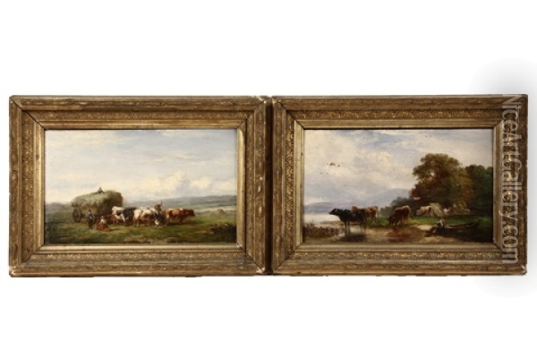 Cattle Watering And Haycart (2 Works) Oil Painting - Albert Jurardus van Prooijen