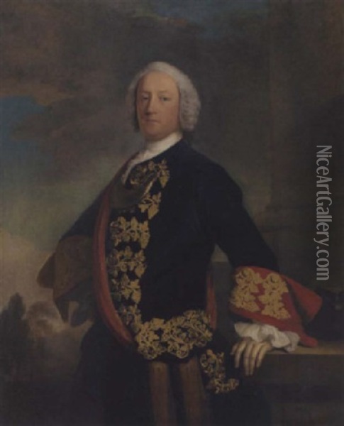 Portrait Of A Gentleman (lord John Murray, 1st Duke Of Atholl?) In A Deep Blue Coat With Red Sash And Cuffs Decorated With Gold Brocade, His Left Hand Resting On A Column With A Landscape Beyond Oil Painting - Allan Ramsay