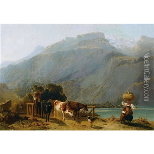 Bauernfamilie Mit Kuhherde Am Brienzersee Oil Painting - Karl Girardet