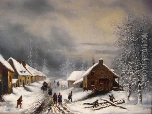 Soldiers In Winter Village Oil Painting - Edward Pritchard