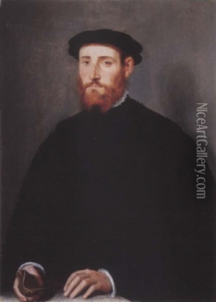 Portrait Of A Man, Called Jacobus Scharon, In Black Costume And Black Hat, His Gloves In His Right Hand Oil Painting - Willem Key