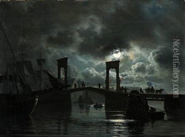 Night At The Old Langebro Bridge In Copenhagen Oil Painting - Carl Johann Neumann