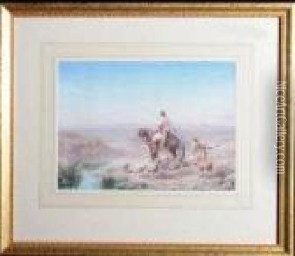 An Arab Horseman And A Shepherd On A Ridge Overlooking Thedessert Oil Painting - Paul Pascal