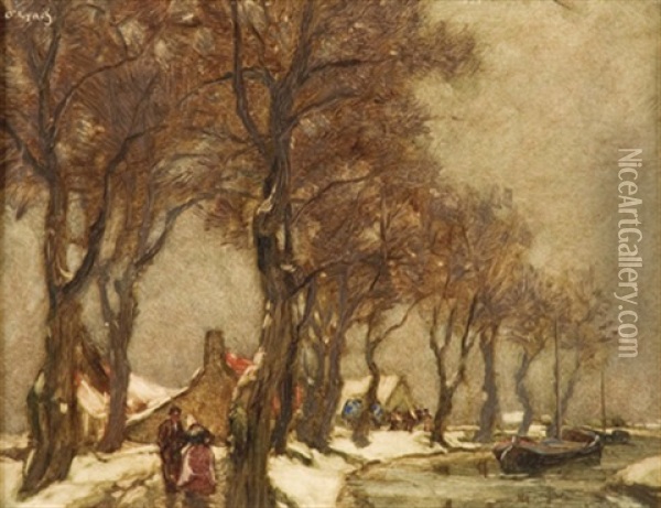 Verschneite Alleelandschaft An Einem Kanal Oil Painting - Carl (Karl, Charles) O'Lynch of Town