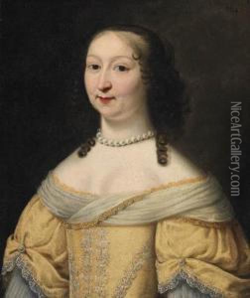 Portrait Of A Lady, Bust-length, In A Yellow Embroidereddress Oil Painting - Charles Beaubrun