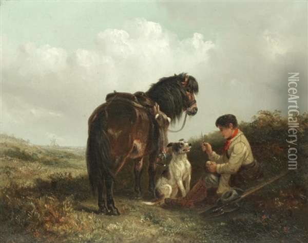 The Midday Meal, A Boy With His Pony And Dog Oil Painting - Thomas Smythe
