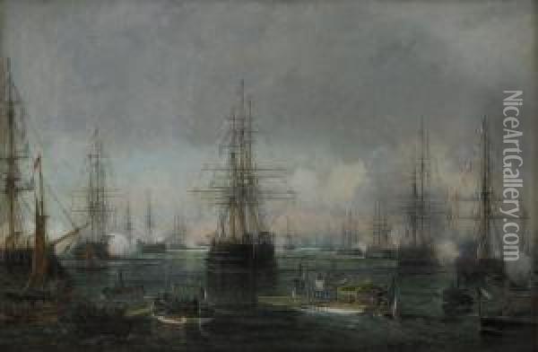 The Russian Fleet In Krim Oil Painting - Antoine Leon Morel-Fatio