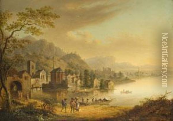 Flusslandschaft Mit Uferbebauung Und Ruine Oil Painting - Christian Georg Ii Schuz