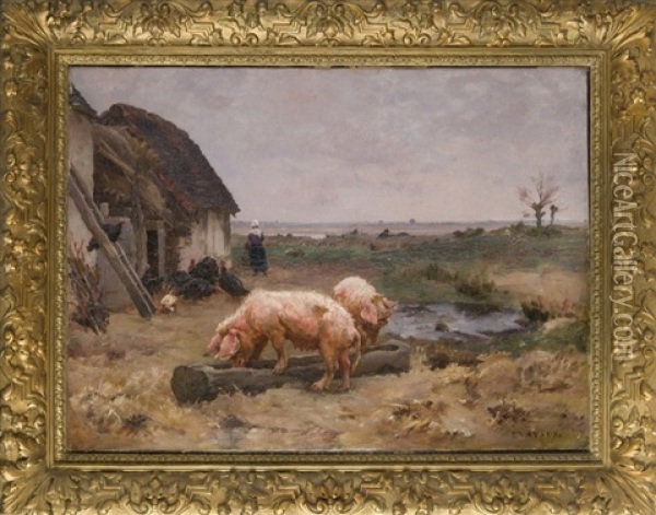 Cochons Et Dindons Devant La Chaumiere Oil Painting - Paul Vayson