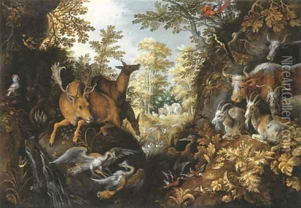 A stag, deers, herons, goats, parrots and other animals in a forest Oil Painting - Roelandt Jacobsz Savery