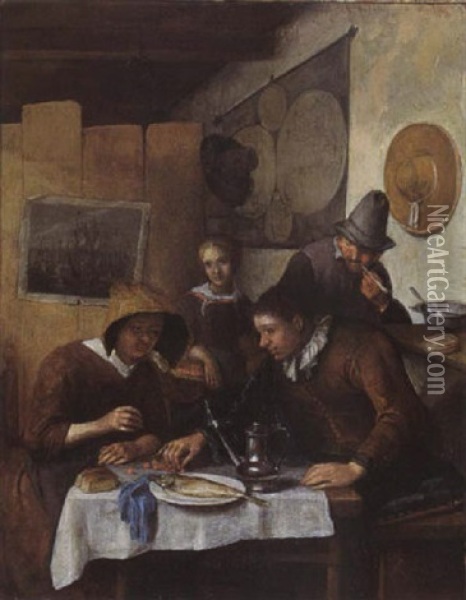 A Family Gathering Around A Table Having Breakfast In An Interior Oil Painting - Richard Brakenburg