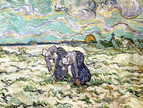 Two Peasant Women Digging In Field With Snow Oil Painting - Vincent Van Gogh