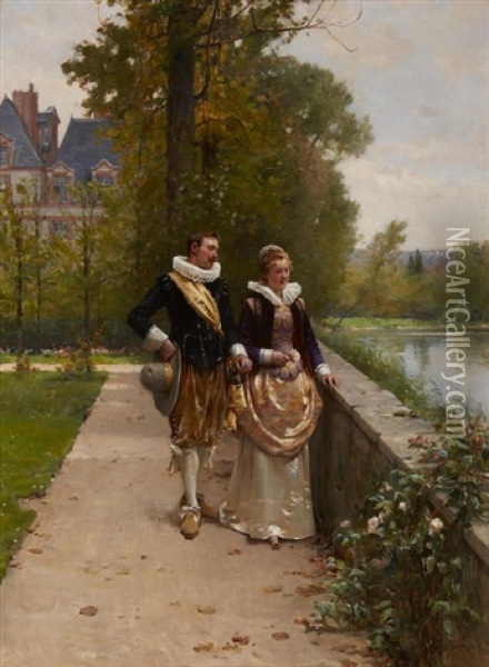 Elegant Figures Strolling In The Park Oil Painting - Adrien Moreau