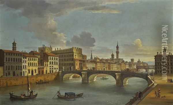 Florence, A View Of The Ponte Santa Trinita And The River From The Lungarno Guicciardini Oil Painting - Antonio Joli
