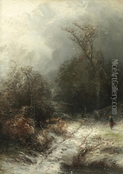 Figures Collecting Wood On A Snowy Path Oil Painting - Pieter Lodewijk Francisco Kluyver