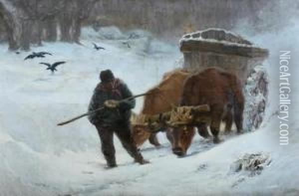 Ox Cart In Snow Oil Painting - Alfred Plauzeau