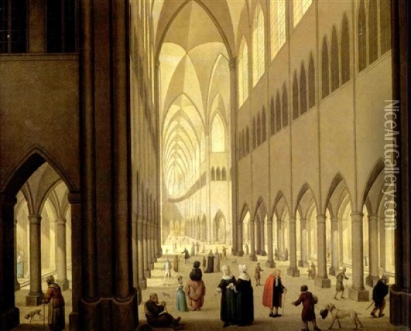A Gothic Church Interior With Numerous Figures Conversing Oil Painting - Johann Jakob Hoch