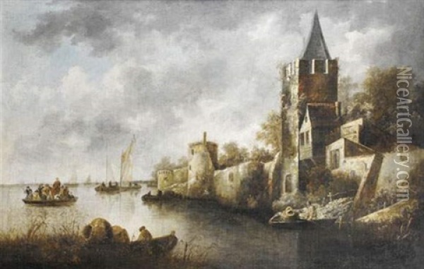Vue D'un Village Fortifie Au Bord D'une Riviere Oil Painting - Francois Van Knibbergen