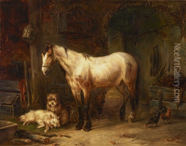 Schimmel Mit Hunden Und Huhnern Im Stall Oil Painting - Wouter Verschuur the Elder