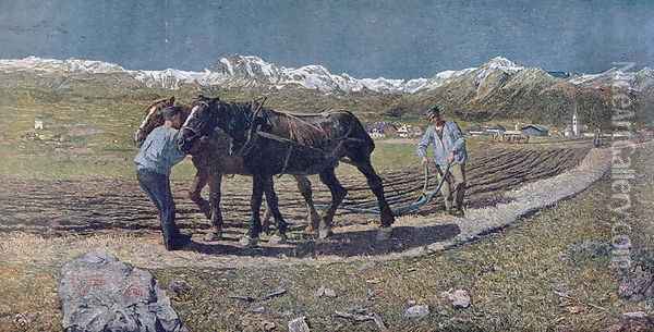 Peasants ploughing a field in the north of Italy, illustration from the magazine Allemand Jugend. 1879 Oil Painting - Giovanni Segantini