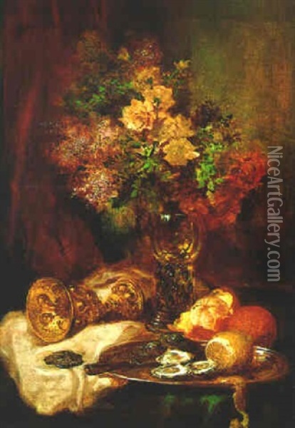 Stilleben Mit Blumen Und Austern Oil Painting - Ludwig Adam Kunz