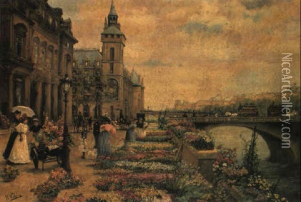 A Flower Market On The Seine Oil Painting - Ulpiano Checa Sanz