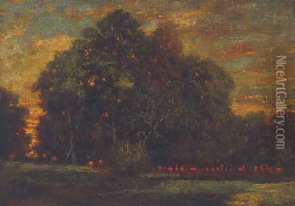 Coucher de soleil au Cuvier-Chatillon Oil Painting - Theodore Rousseau