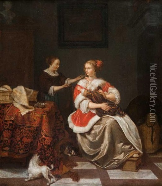 Jeune Femme Tenant Un Enfant Sur Ses Genoux Avec Sa Suivante Dans Un Interieur Oil Painting - Pieter Cornelisz van Slingeland