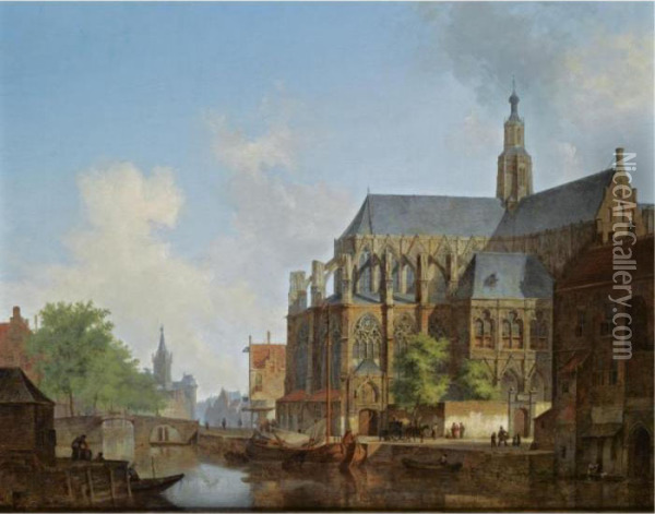 A View Of A Dutch Town With Figures By A Church Oil Painting - Cornelis Springer