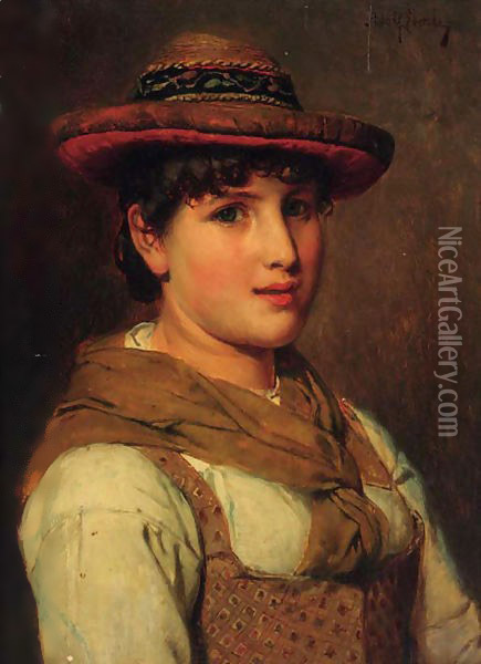 A portrait of a young lady, half-length, wearing a hat Oil Painting - Adolf Eberle