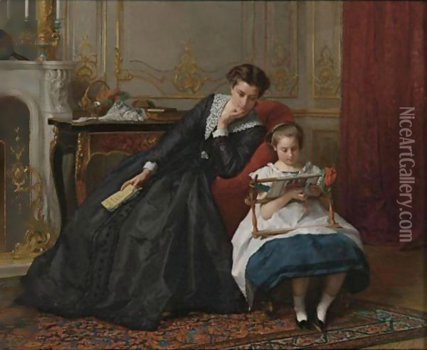 An Embroidery Lesson Oil Painting - Gustave Leonhard de Jonghe