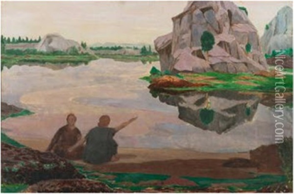 Western Landscape With Two Figures By A Lake In The Foreground, Hills Beyond Oil Painting - Robert Gregory