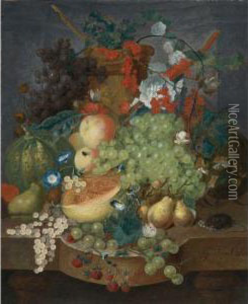Fruit Still Life With A Mouse On A Ledge Oil Painting - Jan van Os
